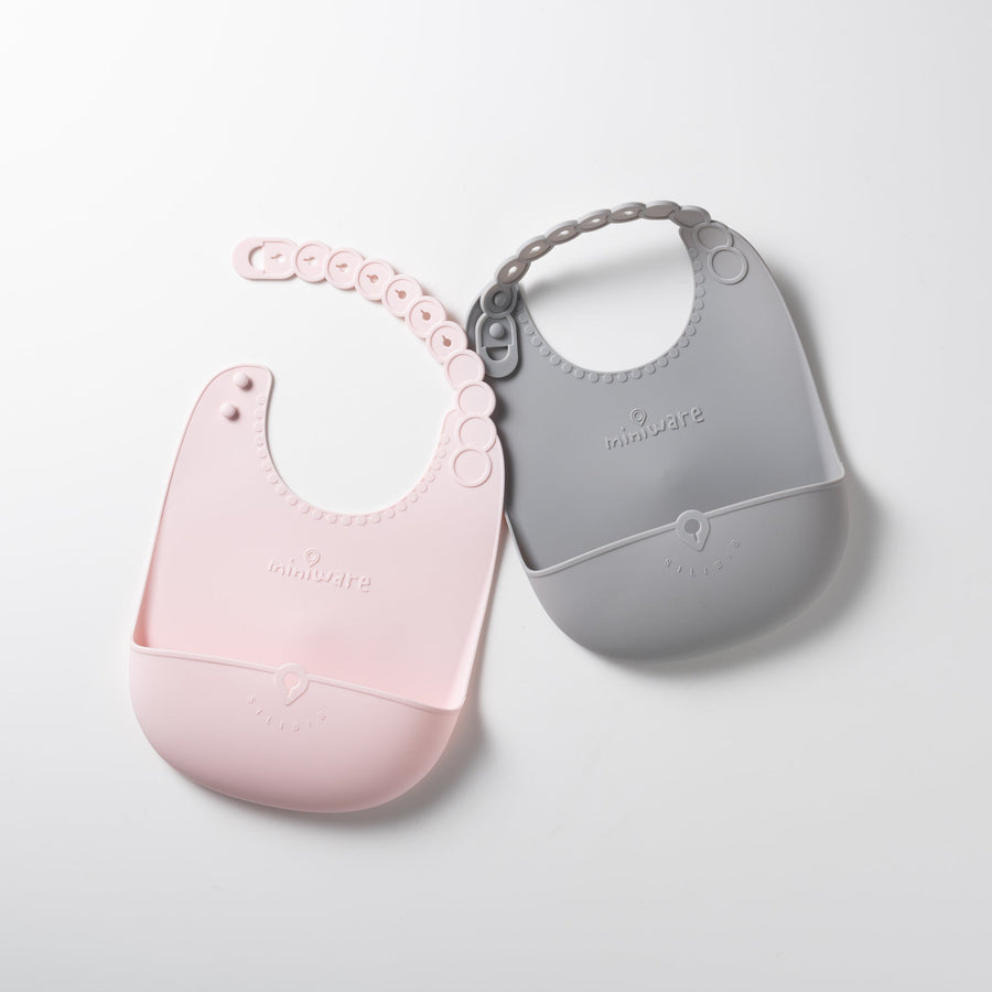 Miniware Roll & Lock Bib (Set of 2) - Silicone Bib in Cotton Candy + Grey