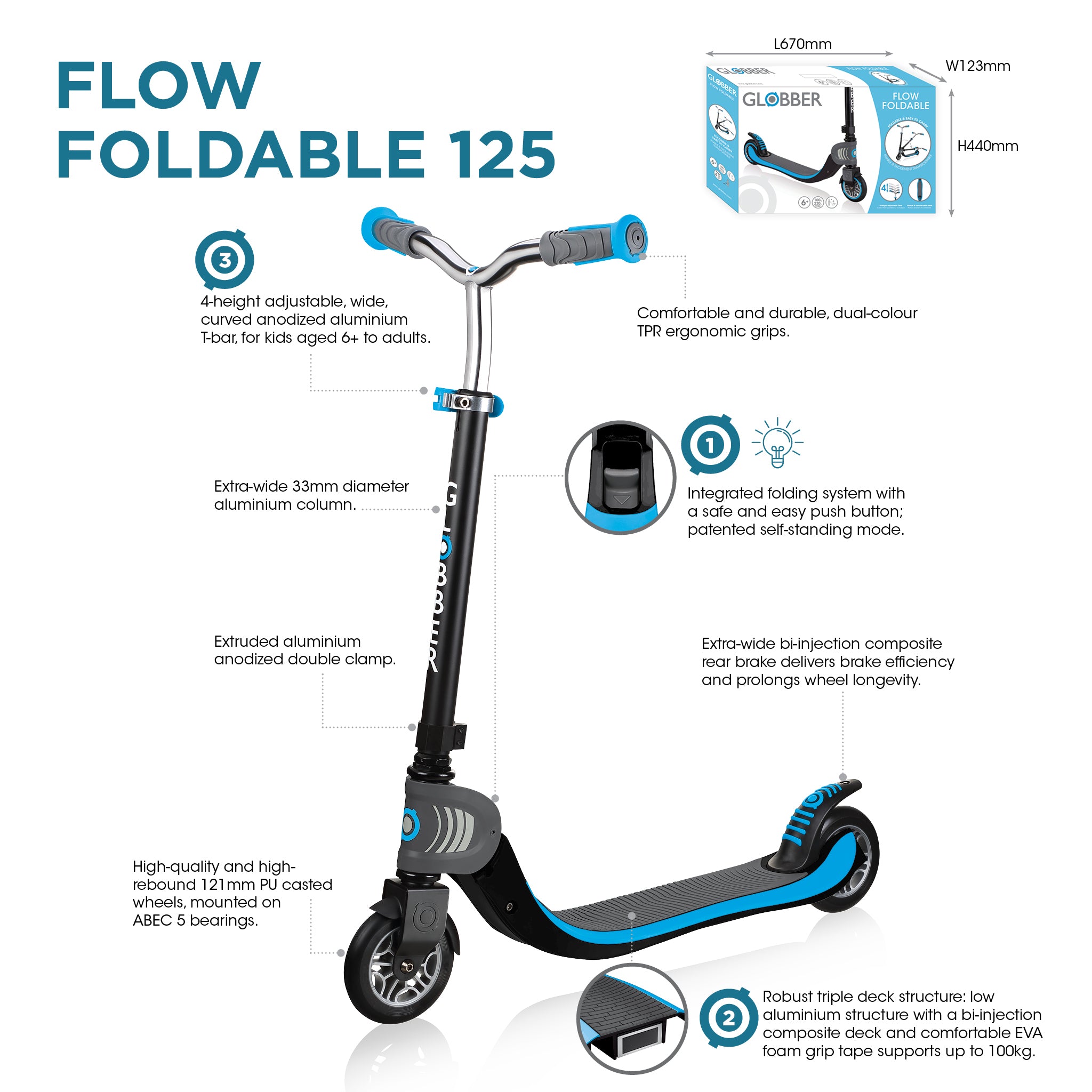 Globber Flow Foldable 125 - Black / Sky Blue (6y+)