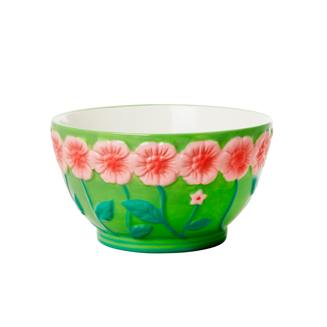 Rice DK Medium Ceramic Bowl with Embossed Flower Design - Green