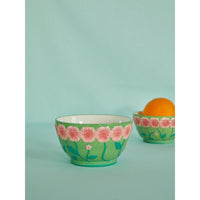 Rice DK Medium Ceramic Bowl with Embossed Flower Design - Green