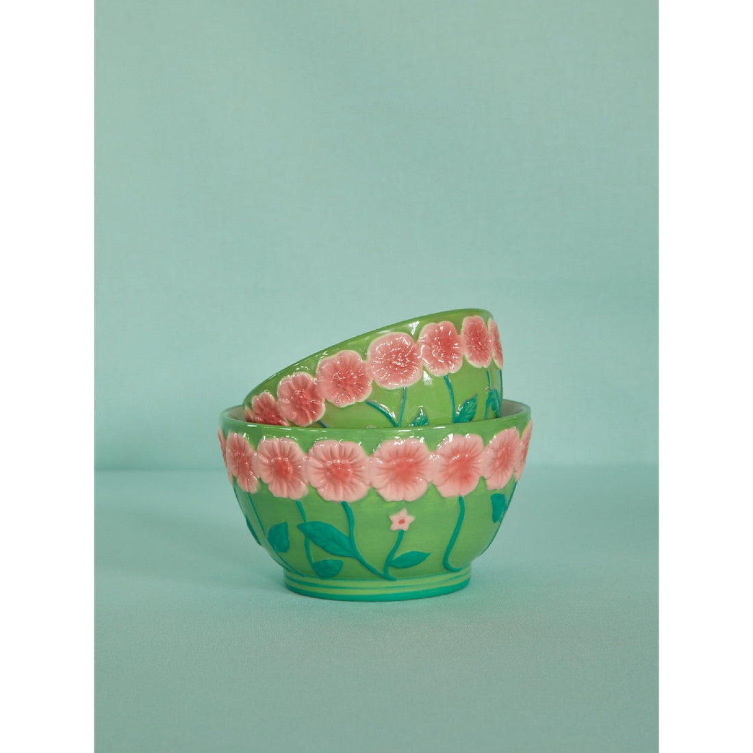 Rice DK Medium Ceramic Bowl with Embossed Flower Design - Green